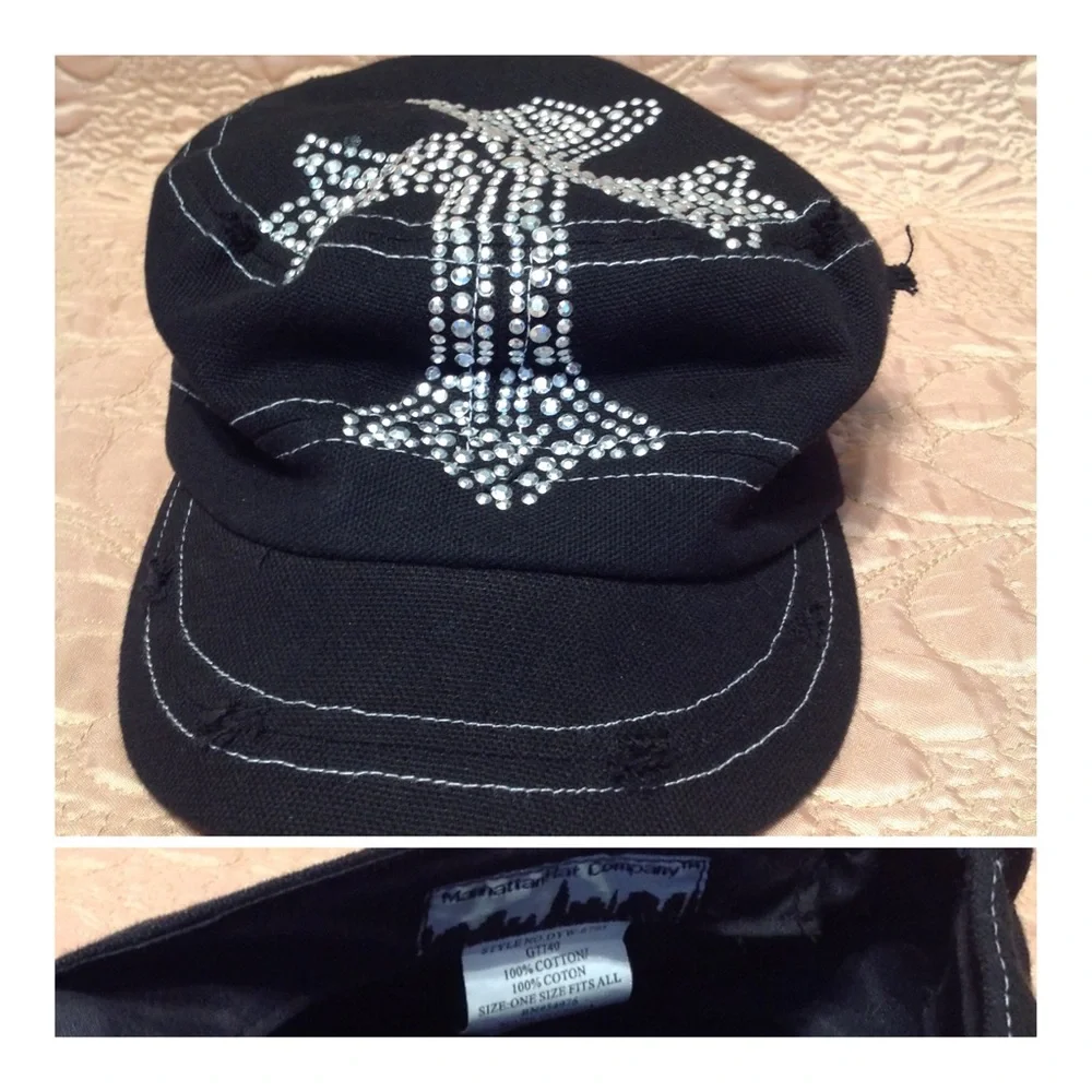Y2K Manhattan Hat Crystal Celtic Cross Contrast Stitch Canvas Cadet Cap Black